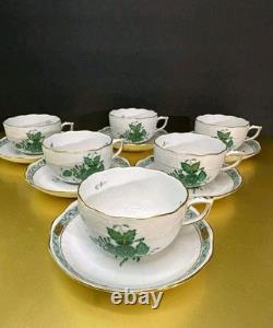 VTG Set of 6 Herend Hungary Apponyi Green Coffee Cups & Saucers Osier Shape Gold