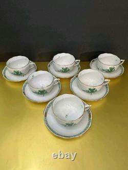 VTG Set of 6 Herend Hungary Apponyi Green Coffee Cups & Saucers Osier Shape Gold