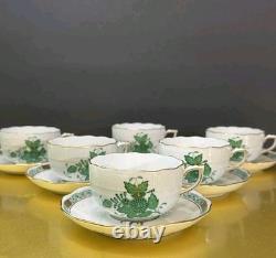 VTG Set of 6 Herend Hungary Apponyi Green Coffee Cups & Saucers Osier Shape Gold