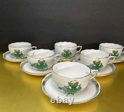 VTG Set of 6 Herend Hungary Apponyi Green Coffee Cups & Saucers Osier Shape Gold