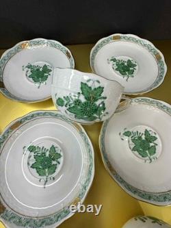 VTG Set of 6 Herend Hungary Apponyi Green Coffee Cups & Saucers Osier Shape Gold