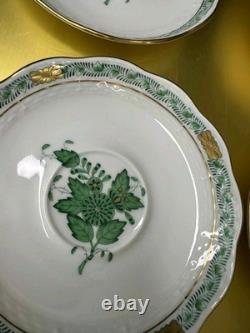 VTG Set of 6 Herend Hungary Apponyi Green Coffee Cups & Saucers Osier Shape Gold