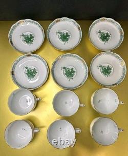 VTG Set of 6 Herend Hungary Apponyi Green Coffee Cups & Saucers Osier Shape Gold