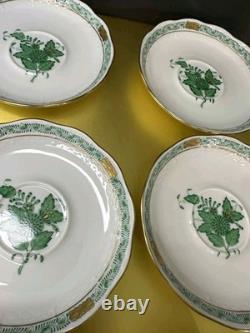 VTG Set of 6 Herend Hungary Apponyi Green Coffee Cups & Saucers Osier Shape Gold