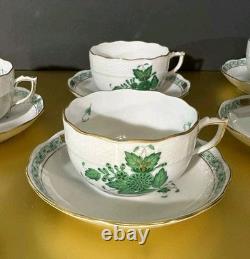 VTG Set of 6 Herend Hungary Apponyi Green Coffee Cups & Saucers Osier Shape Gold
