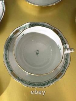VTG Set of 6 Herend Hungary Apponyi Green Coffee Cups & Saucers Osier Shape Gold
