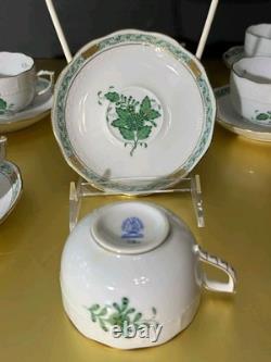 VTG Set of 6 Herend Hungary Apponyi Green Coffee Cups & Saucers Osier Shape Gold