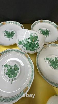 VTG Set of 6 Herend Hungary Apponyi Green Coffee Cups & Saucers Osier Shape Gold