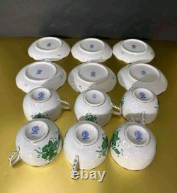 VTG Set of 6 Herend Hungary Apponyi Green Coffee Cups & Saucers Osier Shape Gold