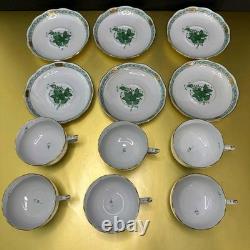 VTG Set of 6 Herend Hungary Apponyi Green Coffee Cups & Saucers Osier Shape Gold