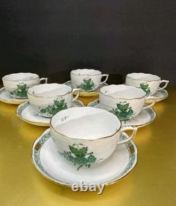 VTG Set of 6 Herend Hungary Apponyi Green Coffee Cups & Saucers Osier Shape Gold