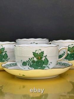 VTG Set of 6 Herend Hungary Apponyi Green Coffee Cups & Saucers Osier Shape Gold