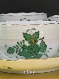 VTG Set of 6 Herend Hungary Apponyi Green Coffee Cups & Saucers Osier Shape Gold