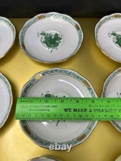 VTG Set of 6 Herend Hungary Apponyi Green Coffee Cups & Saucers Osier Shape Gold