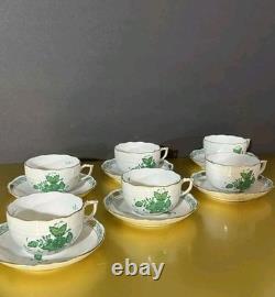 VTG Set of 6 Herend Hungary Apponyi Green Coffee Cups & Saucers Osier Shape Gold