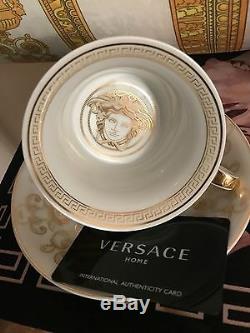 Versace Medusa Gala Cup Saucer Set Gold Greek Key Rosenthal New Retail $300 Sale