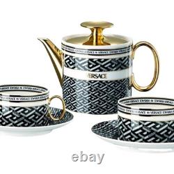 Versace Porcelain Geometric Tea Set Black/White/Gold Teapot, 4 Cups & Saucers