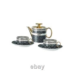 Versace Porcelain Geometric Tea Set Black/White/Gold Teapot, 4 Cups & Saucers