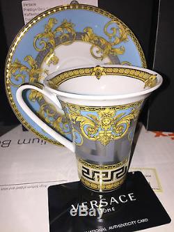 Versace Prestige Gala Bleu Cup & Saucer Set Gold Greek Key Rosenthal $400 Sale