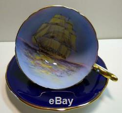 Very Rare Aynsley Stunning Set Cup&saucer Signed D. Jones Sailboat Cobalt Gold