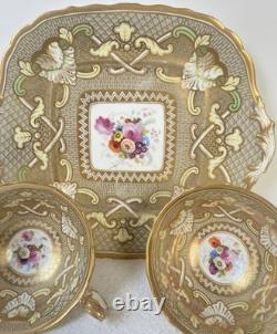 Victorian Porcelain Trio Floral Two Tea Cups & large plate Gold Gilt