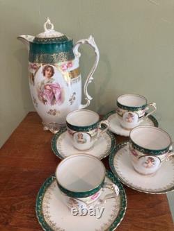 Victorian lady withPink Roses with heavy gold gilded chocolate pot, 4cups &saucers