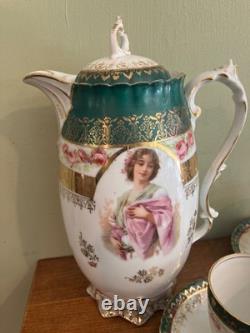 Victorian lady withPink Roses with heavy gold gilded chocolate pot, 4cups &saucers