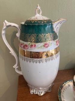 Victorian lady withPink Roses with heavy gold gilded chocolate pot, 4cups &saucers