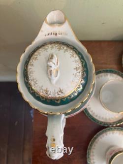 Victorian lady withPink Roses with heavy gold gilded chocolate pot, 4cups &saucers
