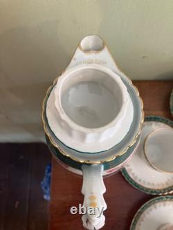 Victorian lady withPink Roses with heavy gold gilded chocolate pot, 4cups &saucers
