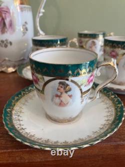 Victorian lady withPink Roses with heavy gold gilded chocolate pot, 4cups &saucers