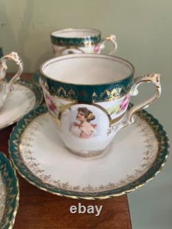 Victorian lady withPink Roses with heavy gold gilded chocolate pot, 4cups &saucers