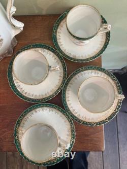Victorian lady withPink Roses with heavy gold gilded chocolate pot, 4cups &saucers