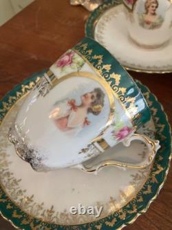 Victorian lady withPink Roses with heavy gold gilded chocolate pot, 4cups &saucers