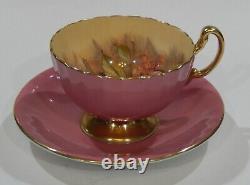 Vint AYNSLEY GOLDEN ORCHARD CUP & SAUCER Pink Colorway Artist signed OBAN shape