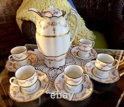 Vintage 12-Pc M. Z. Austria Porcelain Tea Set Gold Accents Teapot Cups & Saucers