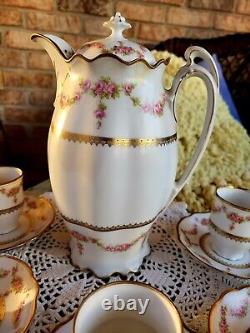 Vintage 12-Pc M. Z. Austria Porcelain Tea Set Gold Accents Teapot Cups & Saucers