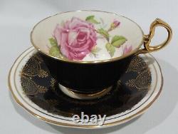 Vintage 1940s AYNSLEY PINK CABBAGE ROSE CUP & SAUCER on BLACK with Gold Filigree