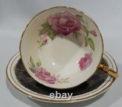 Vintage 1940s AYNSLEY PINK CABBAGE ROSE CUP & SAUCER on BLACK with Gold Filigree