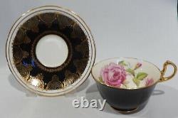 Vintage 1940s AYNSLEY PINK CABBAGE ROSE CUP & SAUCER on BLACK with Gold Filigree