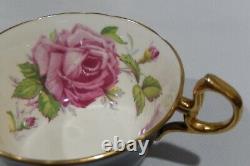 Vintage 1940s AYNSLEY PINK CABBAGE ROSE CUP & SAUCER on BLACK with Gold Filigree