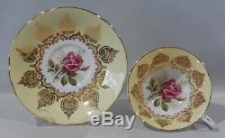 Vintage 1960s PARAGON LARGE PINK ROSE on PALE YELLOW CUP & SAUCER Gold Filigree