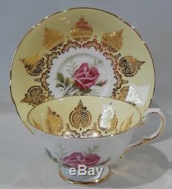 Vintage 1960s PARAGON LARGE PINK ROSE on PALE YELLOW CUP & SAUCER Gold Filigree
