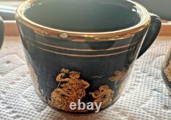 Vintage 1989 Greek Espresso Set Arguros Ceramics 24K Gold Cups Saucers Black