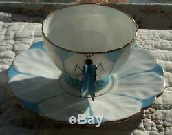 Vintage Ansley Fine Bone China Butterfly Handle Cup & Saucer Blue White Gold