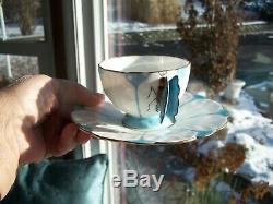 Vintage Ansley Fine Bone China Butterfly Handle Cup & Saucer Blue White Gold