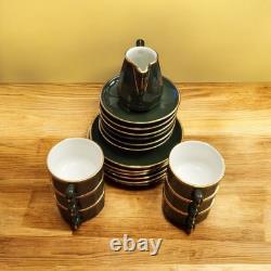 Vintage Apilco France Porcelain Tea Set Dark Green with Gold Trim, Collectable