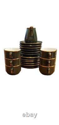 Vintage Apilco France Porcelain Tea Set Dark Green with Gold Trim, Collectable