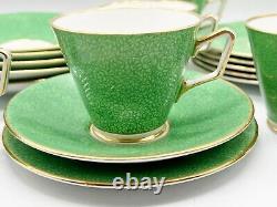 Vintage Art Deco Green White Gold Gilt 6 Cups Saucers Side Plate Set