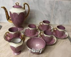Vintage Art Deco Pink and Gold Coffee Set Pot Cups Saucers Sugar Bowl Cream Jug